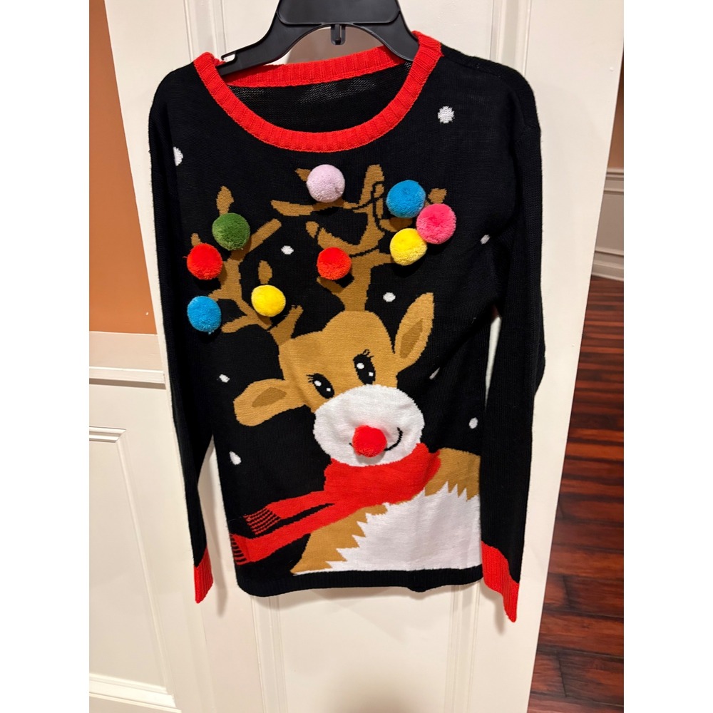 Womens Black Reindeer Christmas Sweater Pom‎ Poms Red Trim Size S